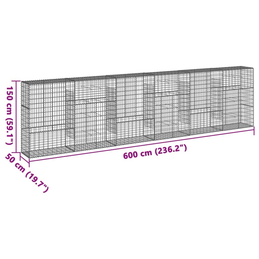 Kosz gabionowy z pokrywką 600x50x150 cm Żelazo ocynkowane | Montaż bez narzędzi, w zestawie haczyki dystansowe, do kształtowania krajobrazu, dekoracja zewnętrzna