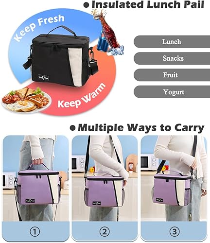 Miniatura 3 de Lonchera aislada para adultos, a prueba de fugas, con correa de hombro desmontable, lonchera con bolsillos para el trabajo, fiesta, picnic (negro)