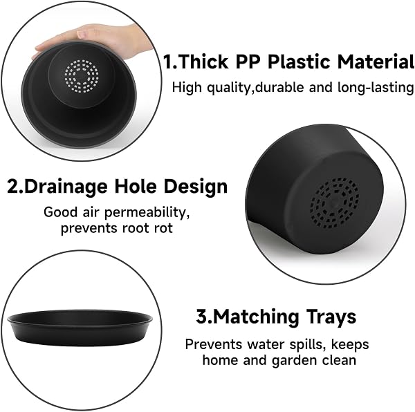 KINGLAKE 15cm Blumentöpfe mit Untersetzer - 6 Stück Pflanztöpfe Klein, übertopf Pflanztopf, Blumentopf Kunststoff Set, Topf Kleine Flower Pot für Pflanzen Kakteen Kräuter-Schwarz - 3