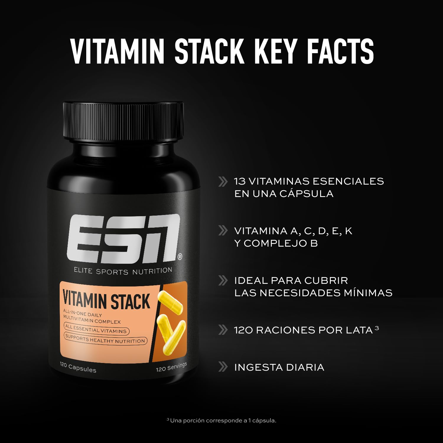ESN Vitamin Stack, cápsulas multivitamínicas, 120 unidades | Suministro para 4 meses, alta dosis, 13 valiosas vitaminas en una cápsula, sólo 1 cápsula diaria