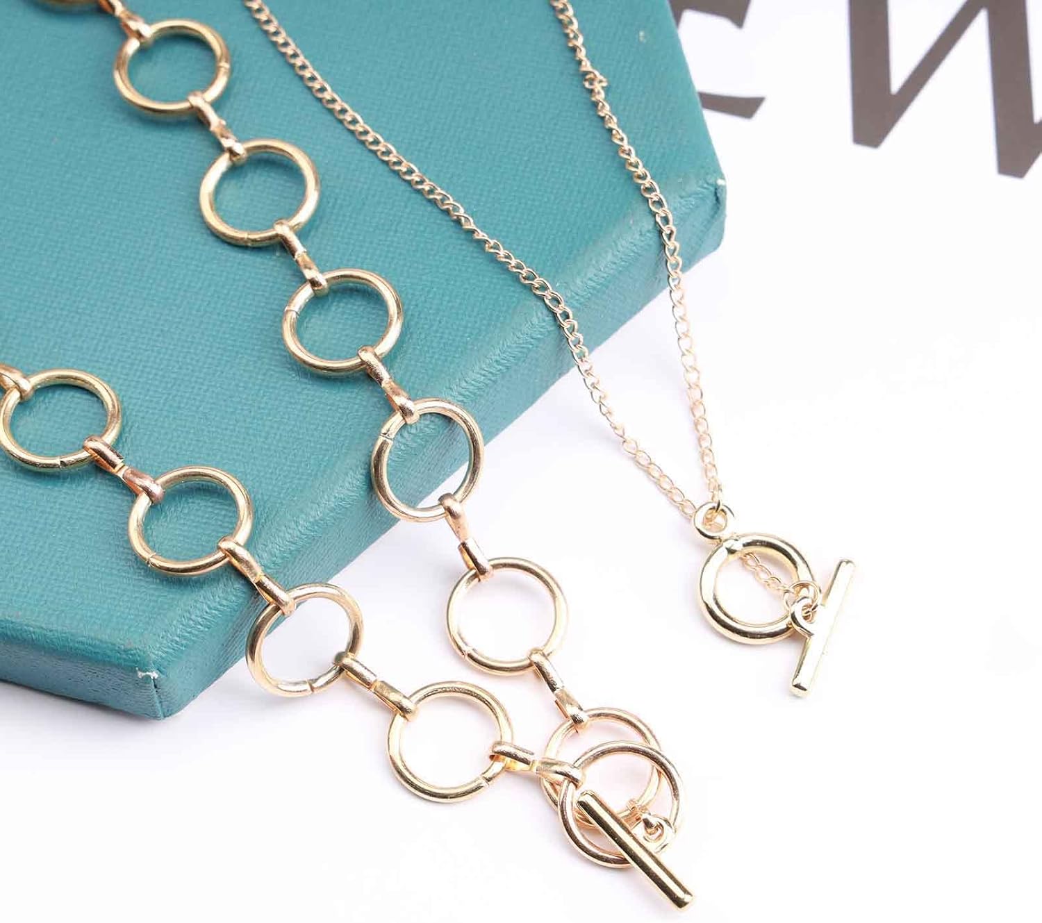 Vintage Layered Circle Necklace Double Interlocking Circle Necklace Round Circular Choker Necklace Gold T Bar Choker Necklace Jewelry for Women - Image 4