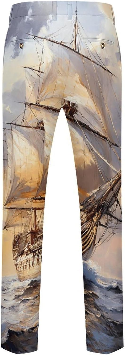 Sailing Ship with Masts Men's Classic Fit Suit Pants Straight Leg Design Printed Trousers