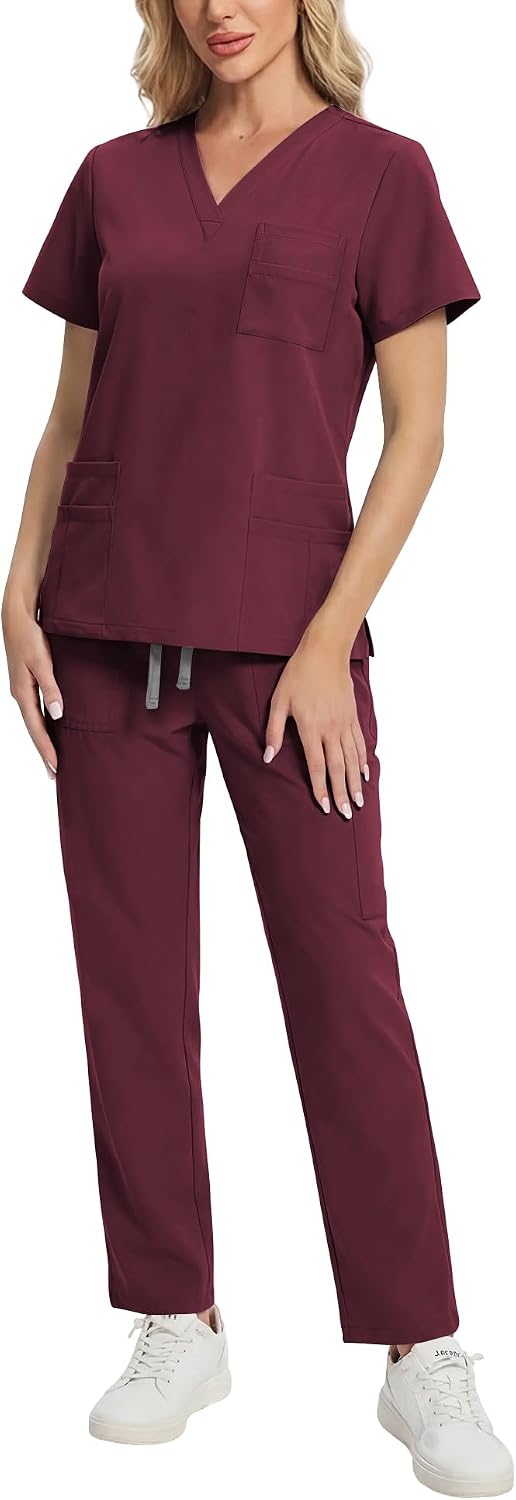MAYFASEY Scrubs for Women Set Modern V-Neck Scrub Top and Straight Leg Pants Medical Nursing Uniform Set with Pockets