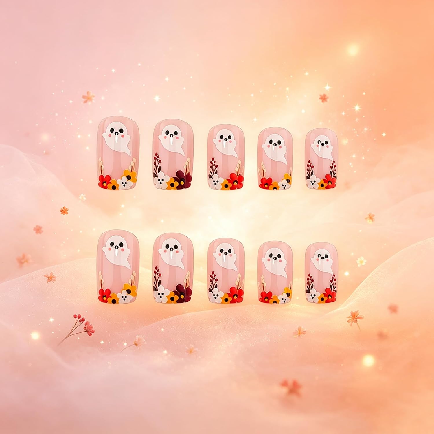 Halloween Short Square Press on Nails Nude Pink Flower and Cute Ghost 24PCS image 3