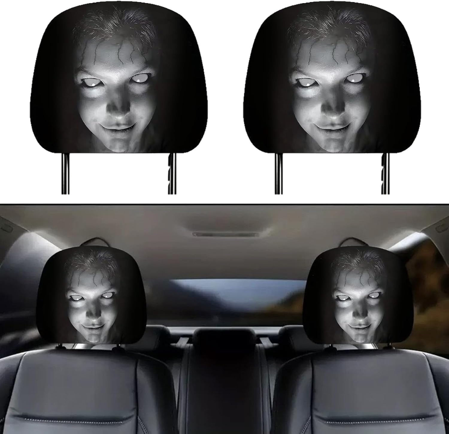 Car Headrest Covers, Soft Polyester Fabric with Funny Cartoon Print, Stretchy Seat Headrest Protector for Auto Interior Decoration – 2 Pack