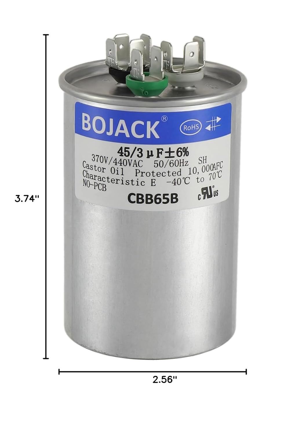BOJACK 45+3 uF ±6% 45/3 MFD 370/440 VAC CBB65B Dual Run Start Round Capacitor for Condenser Straight Cool or Heat Pump Air Conditioner or AC Motor and Fan Starting