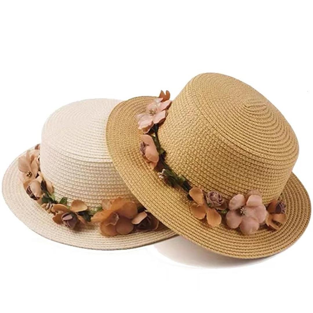 Sombrero para el Sol para Mujer, Sombrero de Cubo, Sombrero de Paja con Parte Superior Plana y Lazo de Encaje Beige de Verano (21244 Mujeres 56, Talla única 58 cm)