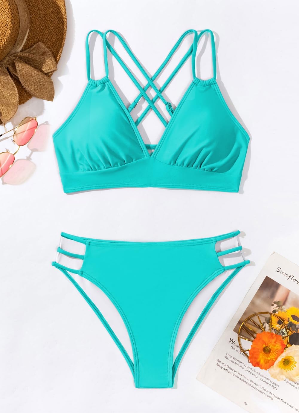 Fanuerg Women's Sexy V Neck Bikini Sets Hollow Out Two Piece Swimsuits Cutout Mid Waist Bathing Suit