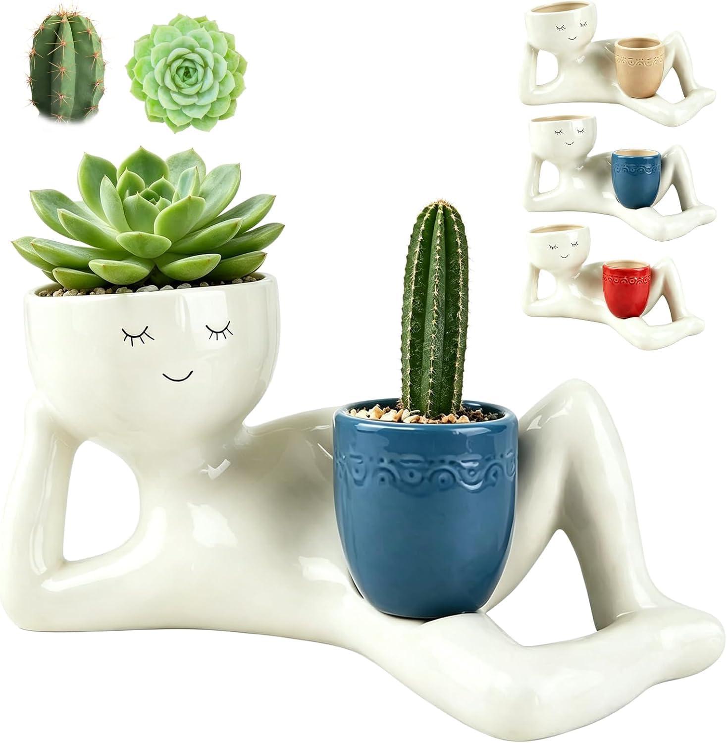 Lazy Guy Planter,Funny Plant Pots,Goofy Plant Pots Face Plant Pot with Drainage Hole,9 Inch Resin Lying Down Figure Succulent Cactus Flowerpot for Indoor Outdoor Office Garden Decor Gift Blue
