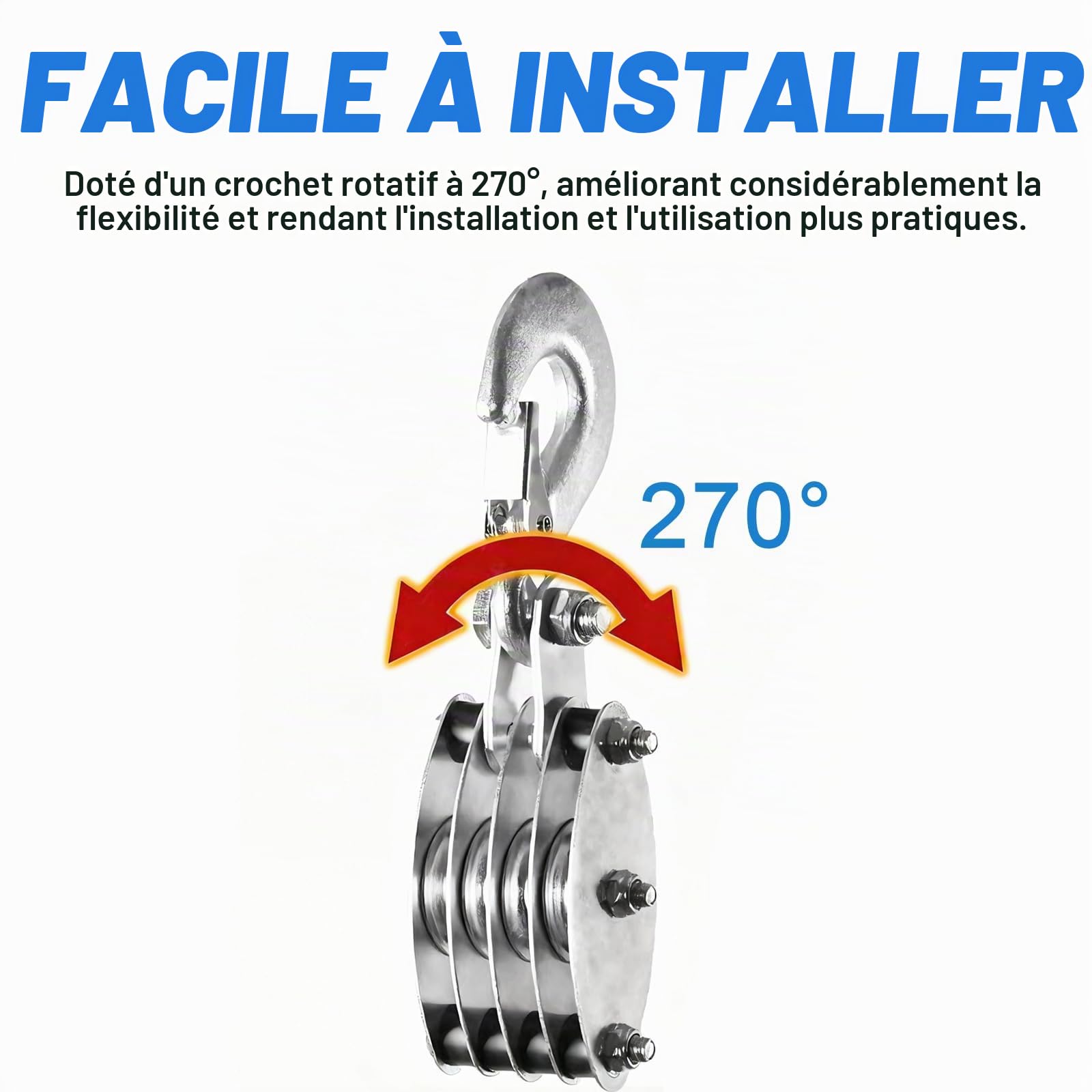 Poulie avec frein à câble - Économie de travail 8:1 - Capacité de levage avec corde de 20 m - 300 kg - Charge maximale pour la chasse, les entrepôts, les garages, le levage d'objets lourds
