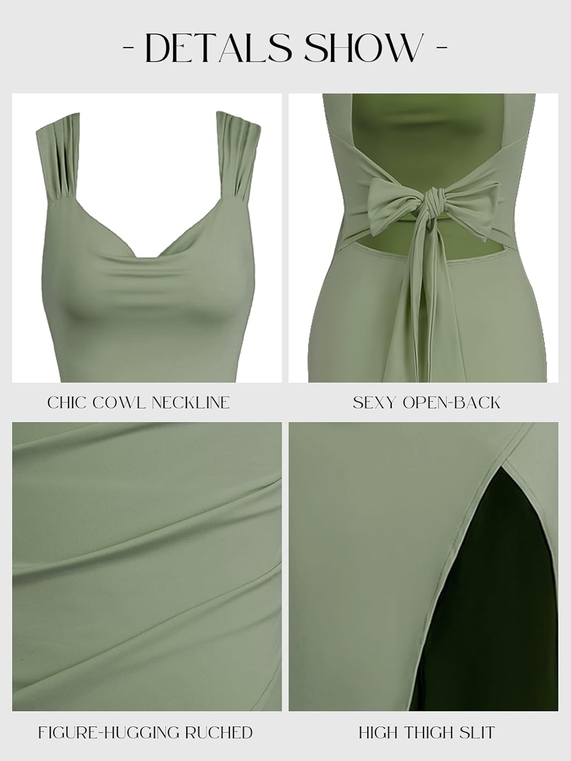 Women’s Chic Ruched Cowl Neck Open Back Tie High Slit Elegant Bodycon Maxi Dress for Party Prom Evening - Image 5