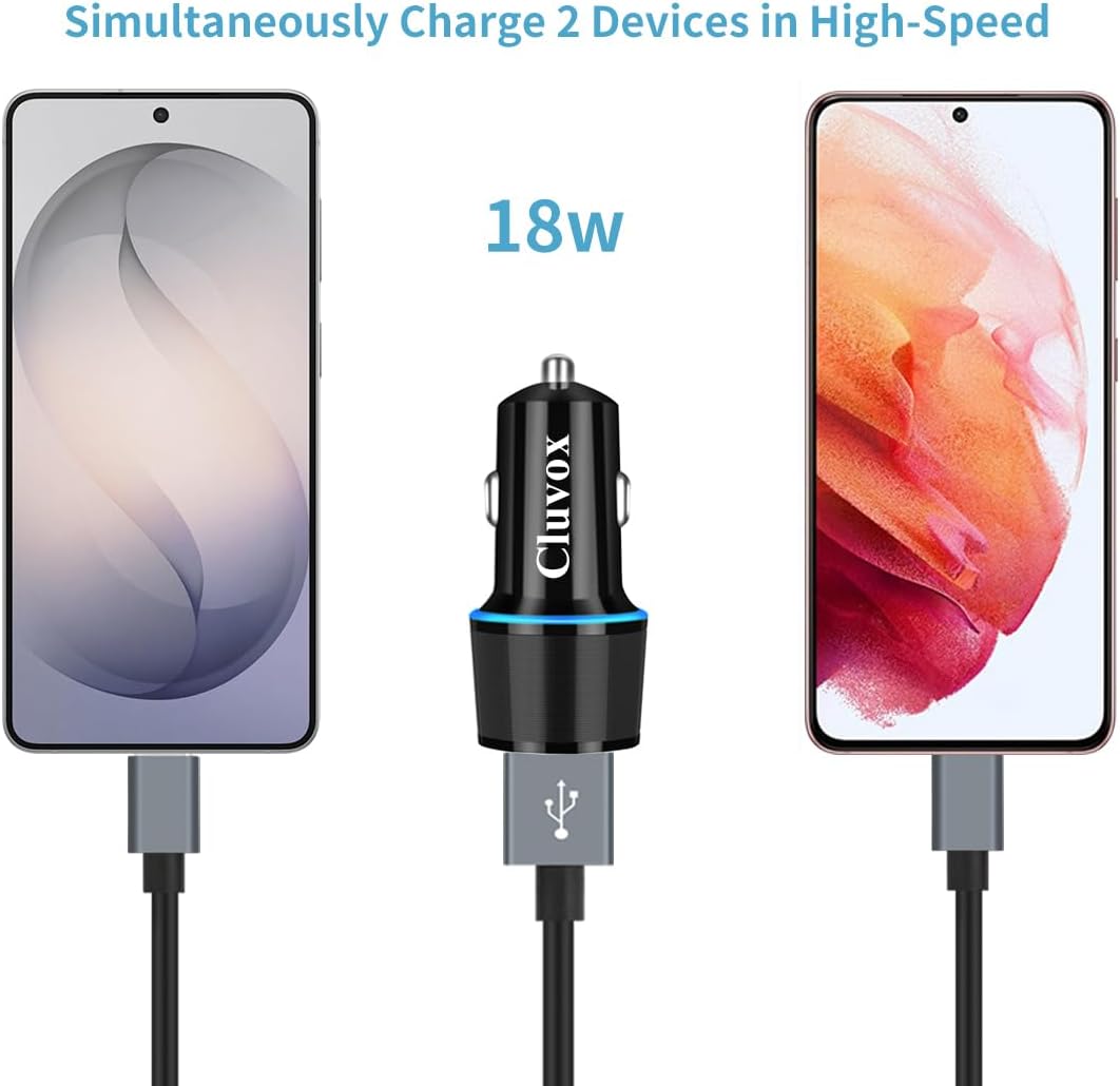 Fast USB Car Charger for Samsung Galaxy A56/A55/A54/A53/A50/A17/A16/A15/A14/S26/S25/S24/S23/S22/S21 Plus/Ultra/Note 20/A21/A31/A51 Quick Charge 3.0 Dual USB Rapid Car Charger with Type C Cable 3.3ft