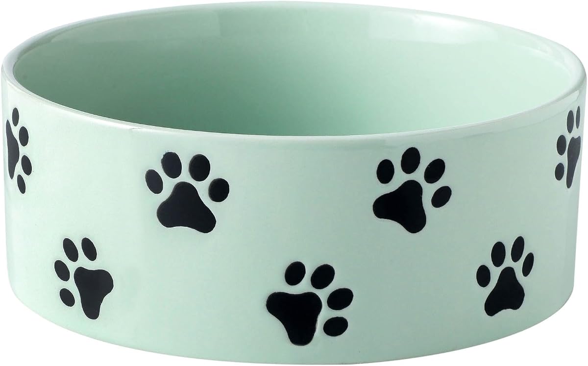 Cuenco de cerámica verde menta para perros de 6,5 pulgadas con patrón de huellas, cuencos de porcelana de boca ancha para comida o agua para perros, cuencos grandes para mascotas para perros de tamaño mediano en interiores, para alimentos húmedos o secos