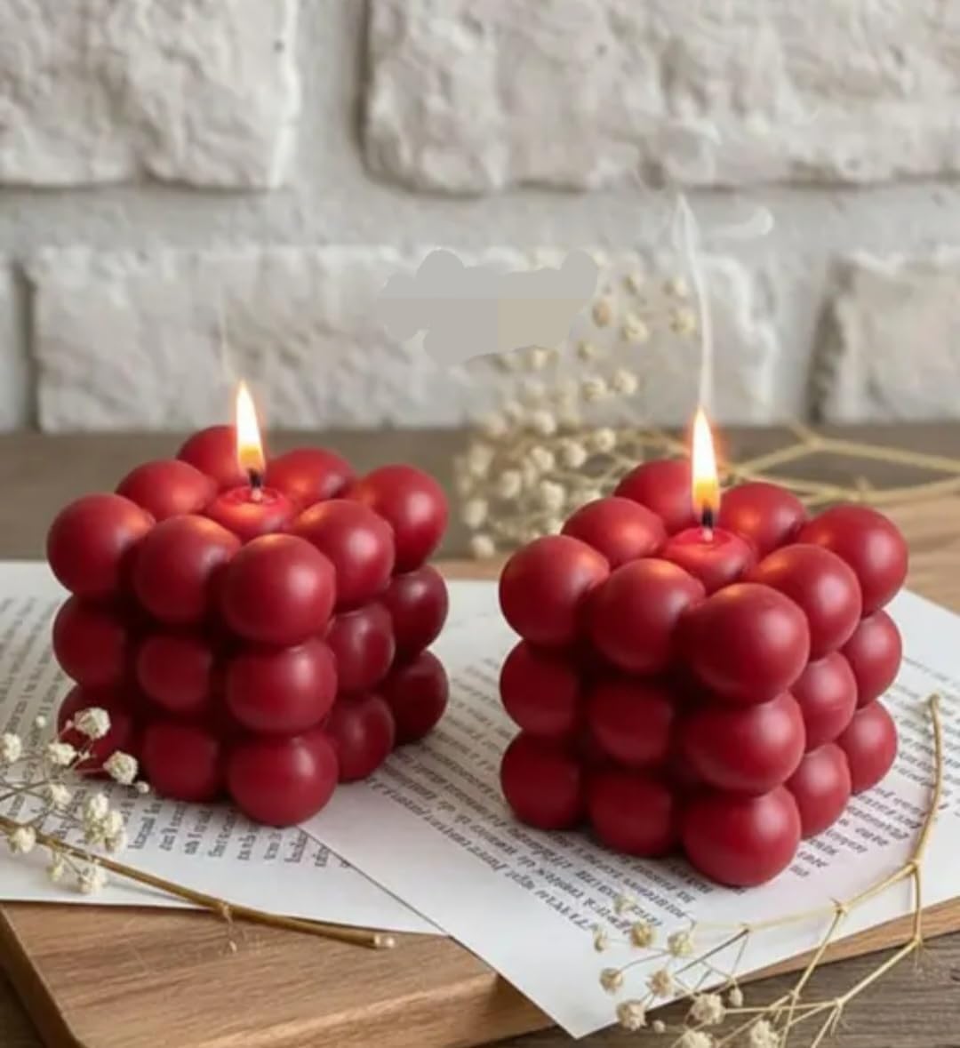 Red Bubble Cube Candles, Set of 2, Decorative Wax Pillar Candles, Home Decor