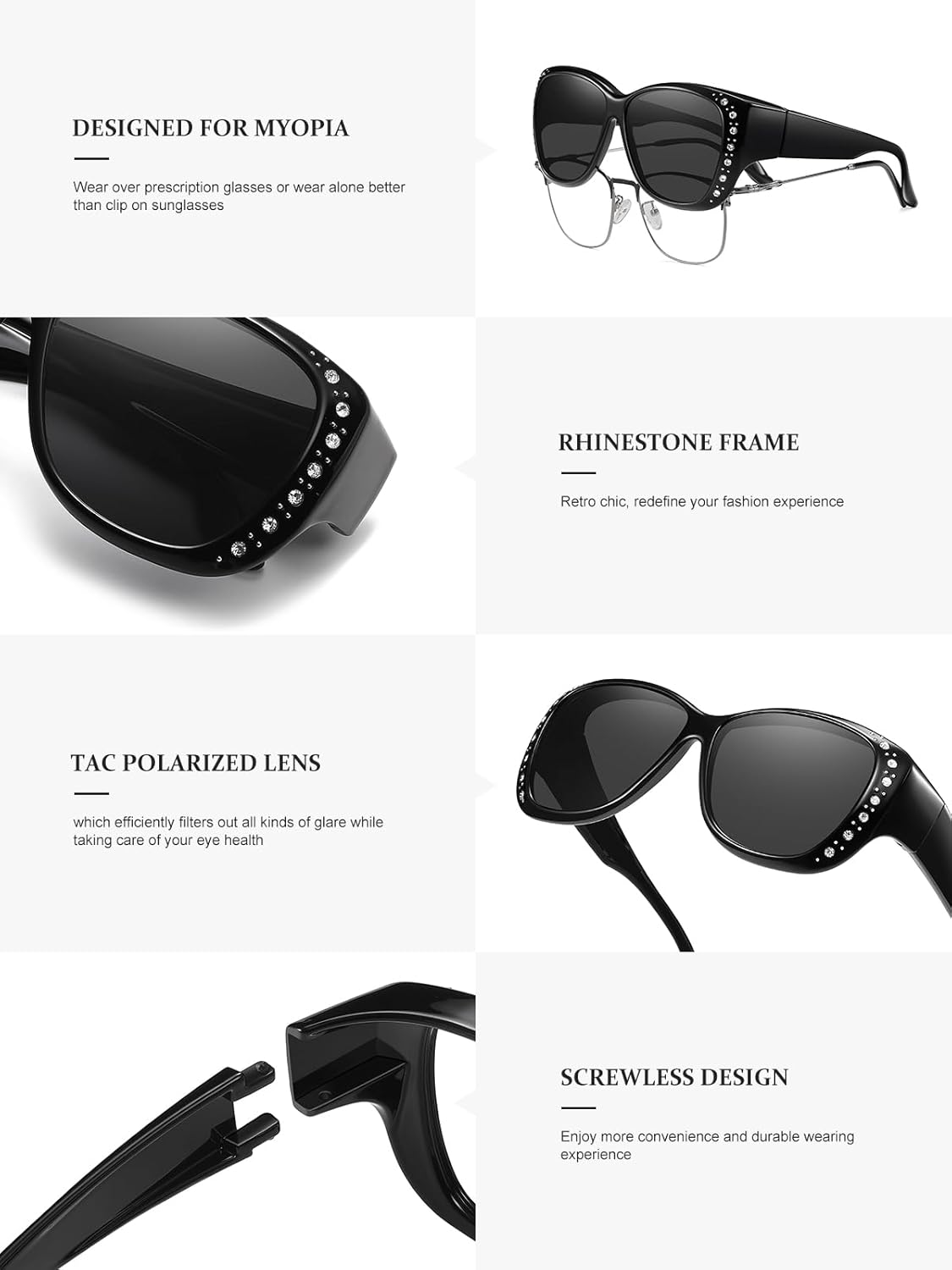 Wzerry Sunglasses Fit Over Glasses for Women, Retro Over Prescription Glasses Polarized UV 400 Protection with Rhinestone - Image 3