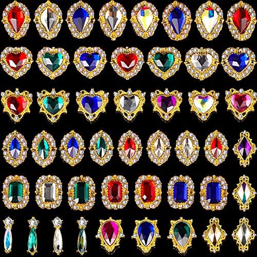 48 Pieces 3D Nail Art Charms Nails Charms Rhinestones Colorful AB Iridescent Nail Jewels for Acrylic Nails Large Rhinestones Heart Drop Nail Beauty Accessories Mix Size Diamond Nail Gems, 48 Styles