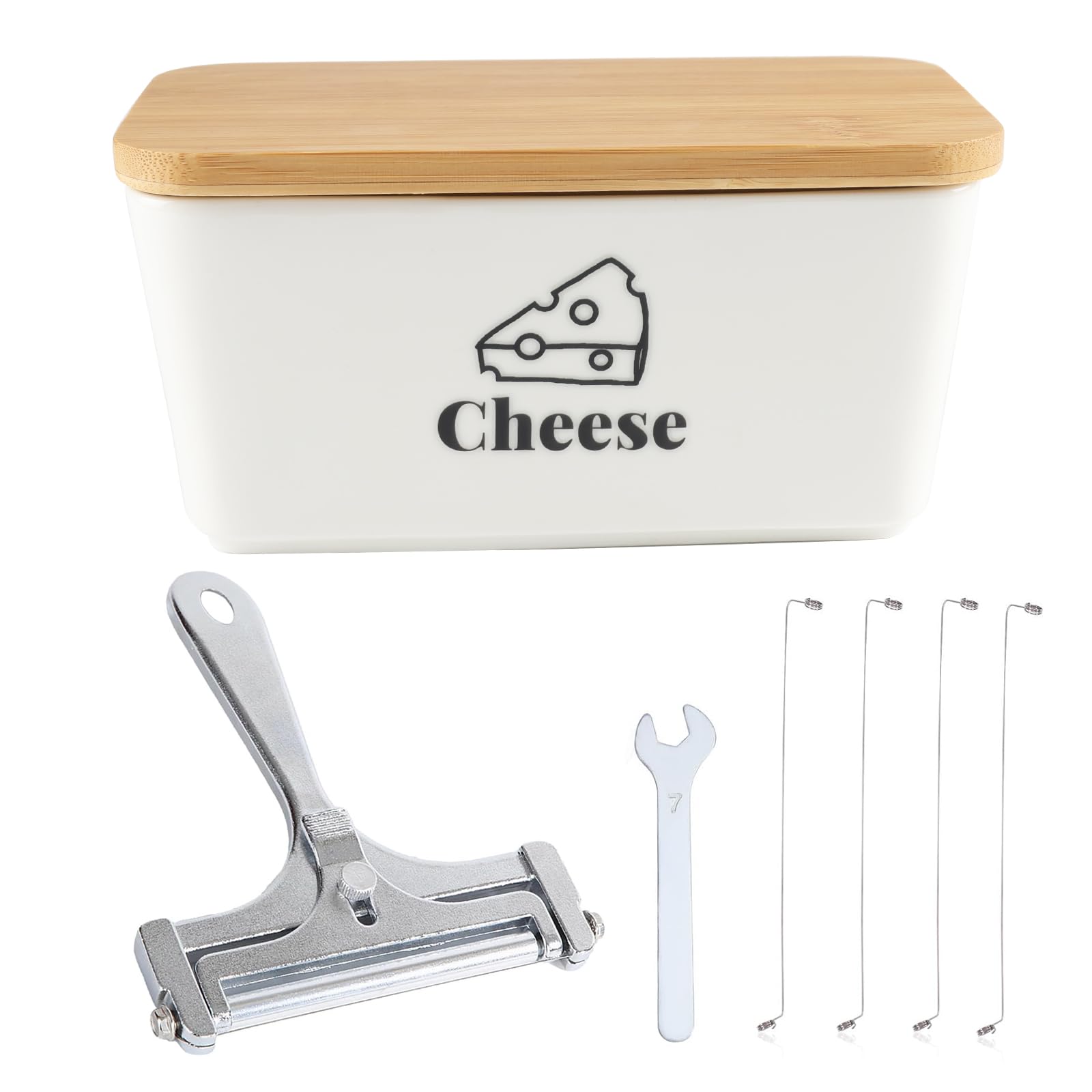Yomjarl Cheese Container for Refrigerator,Shredded Cheese Container with Bamboo Lid,Ceramic Cream Block Sliced Cheeses Storage Box,Grated,Cheddar