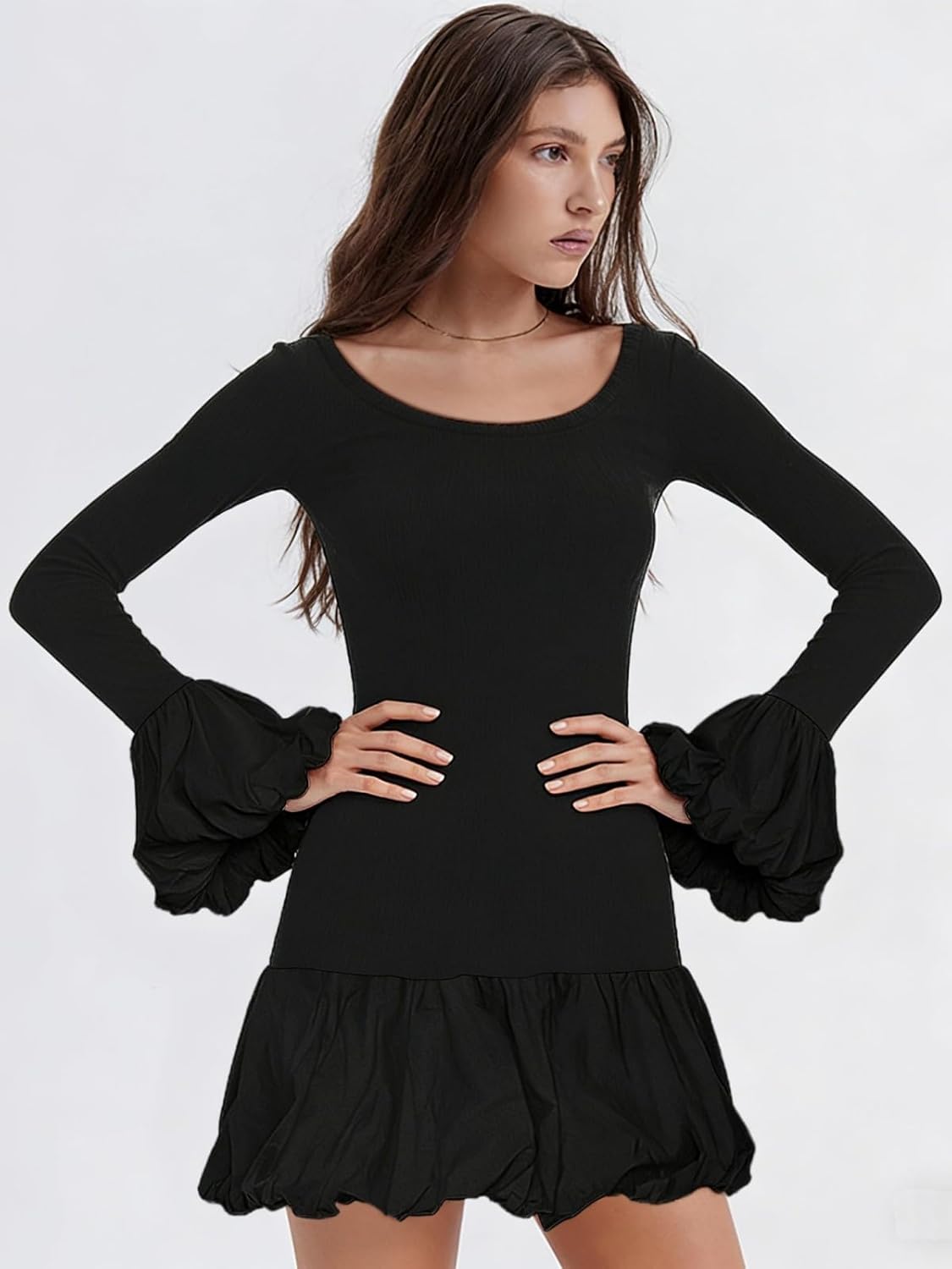 Women's 2025 Fall Dress Sexy Crew Neck Puffy Long Sleeve Bubble Party Club Bodycon Mini Dresses - Image 2