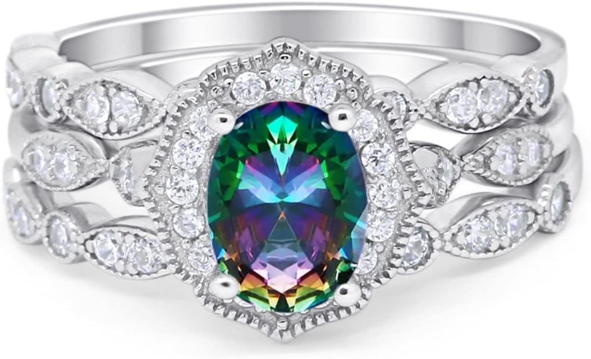 Blue Apple Co. Vintage Style Halo Oval Art Deco Three Piece Wedding Engagement Ring Bridal Set Round Cubic Zirconia 925 Sterling Silver
