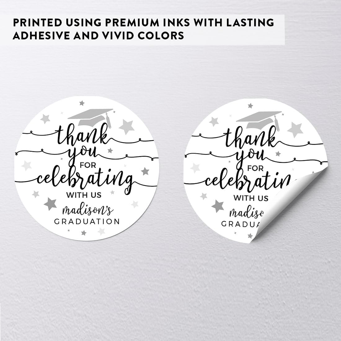 Andaz Press Black and White, Personalized Graduation Circle Labels, Thank You for Celebrating with US, 40-Pack, Graduation Stickers Custom Grad Thank You Stickers Class of 2025