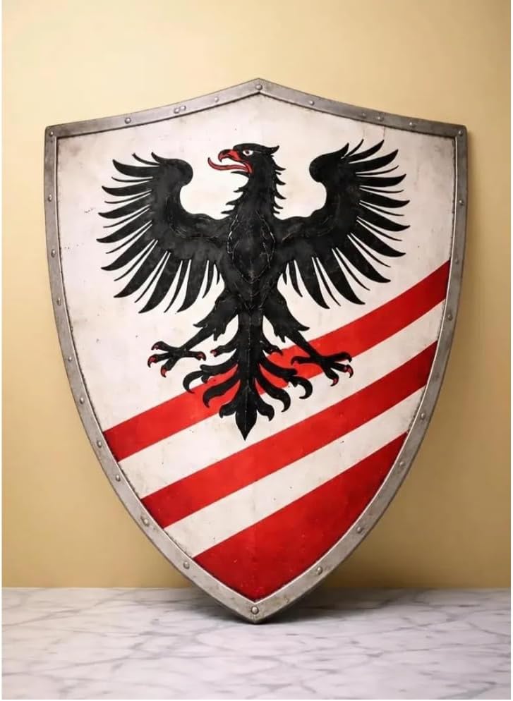 Medieval Eagle Shield Wall Decor, Black Heraldic Crest, Red and White Stripes, Knight Armor Style (30 inch Shield)