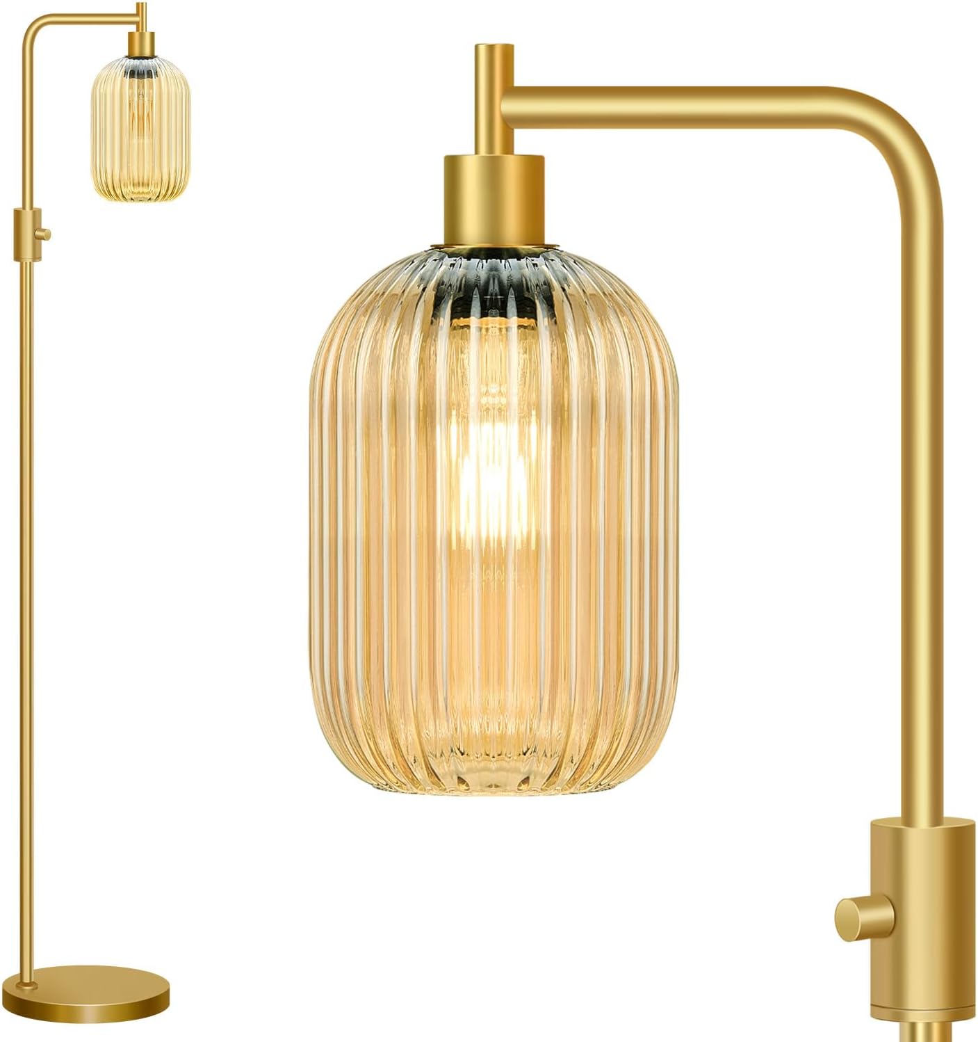 Upgraded Dimmable Glass Floor Lamp for Living Room, Modern Gold Standing Lamp with Amber Ribbed Glass Lampshade & Knob Dimmer, Arc Tall Lamp for Bedroom Office Reading Room, 2700K Led Bulb Included
