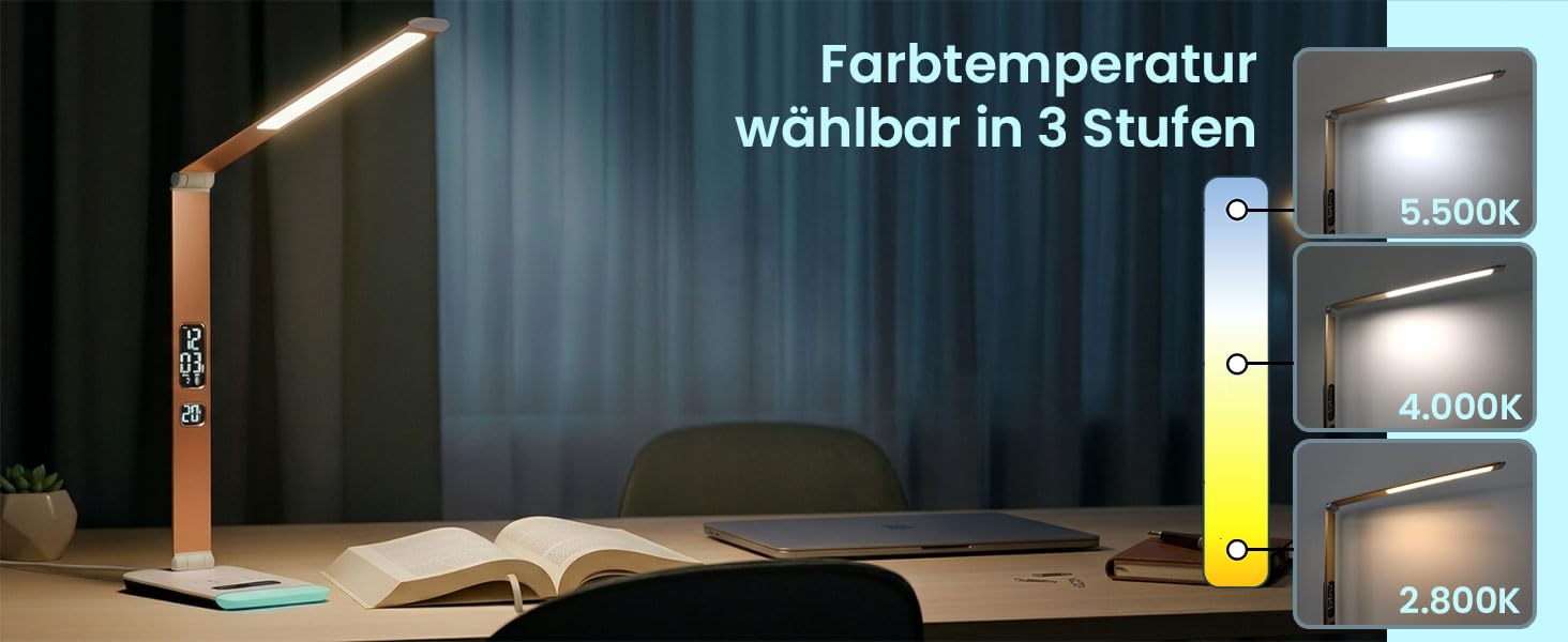 Eaxus LED Schreibtischlampe 12 Watt mit RGB-Farbwechsel, Tischlampe dimmbar 500 lm, Lampe mit Touch-Funktion, Uhr, Kalender & Temperaturanzeige, Büro Tischleuchte, Schreibtisch Zubehör, Kupferfarben
