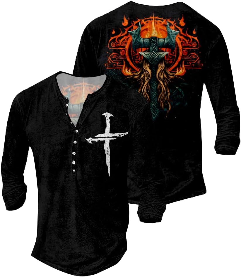 Mens Jesus Cross T Shirts Big and Tall Regular Fit Faith Graphic Distressed Shirts for Men Long Sleeve Button Henley Shirts