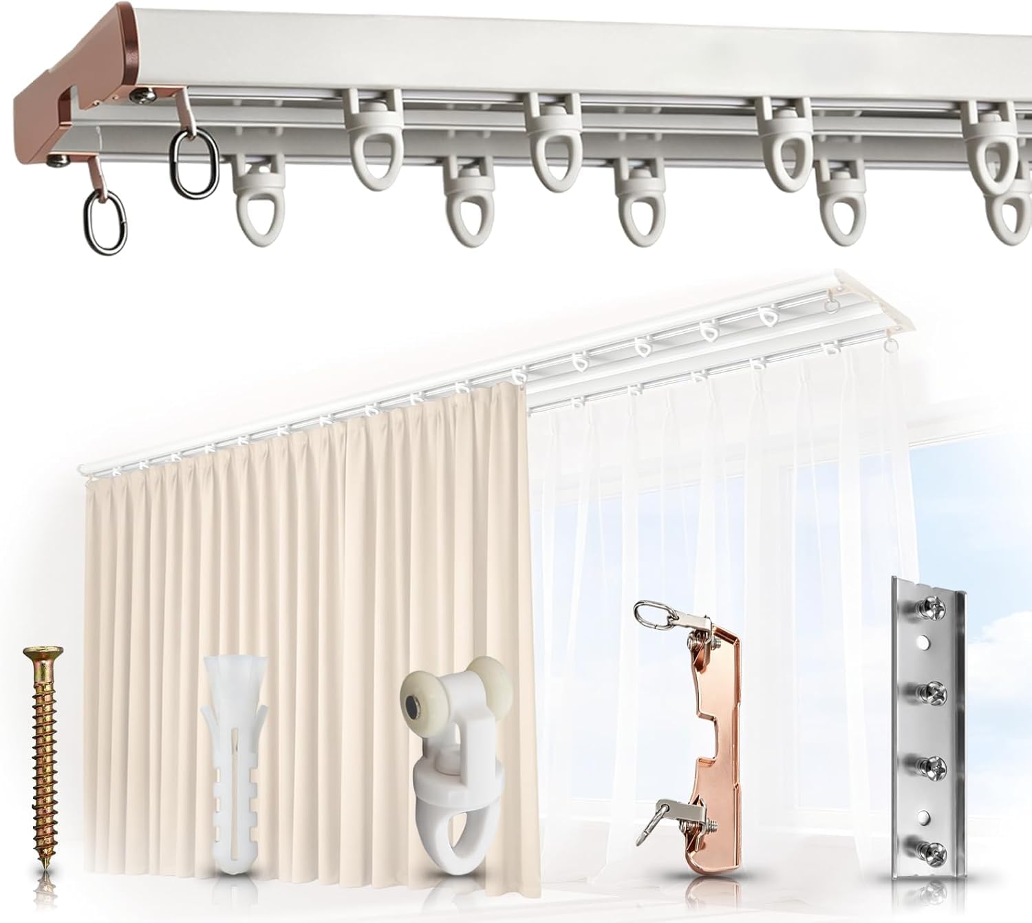 Rail de Rideau 305 cm/10ft, Tringle à Rideaux 2 Voies en Aluminium | avec Roulettes Silencieuses, pour Salon, Chambre, Hôtels