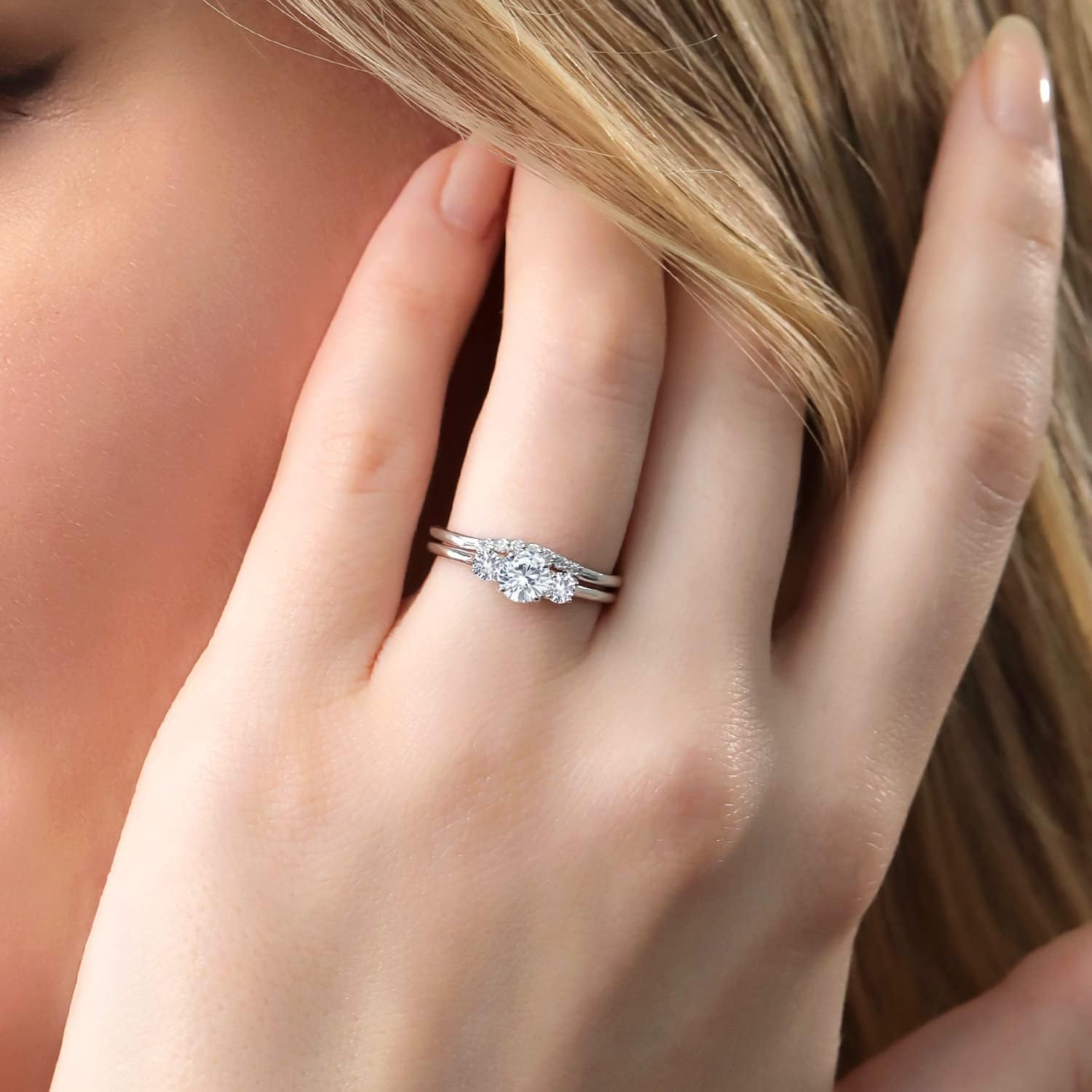 Gem Stone King 10K White Gold Moissanite and White Created Sapphire and Lab Grown Diamond 3-Stone Bridal Engagement Wedding Ring Set For Women | 0.83 Cttw
