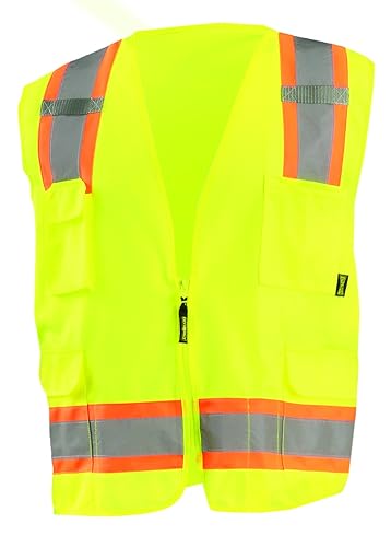 OccuNomix ECO-ATRANS-YM - Chaleco de seguridad para topógrafo con cremallera de dos tonos y alto valor de visibilidad, clase 2, 100% poliéster ANSI,