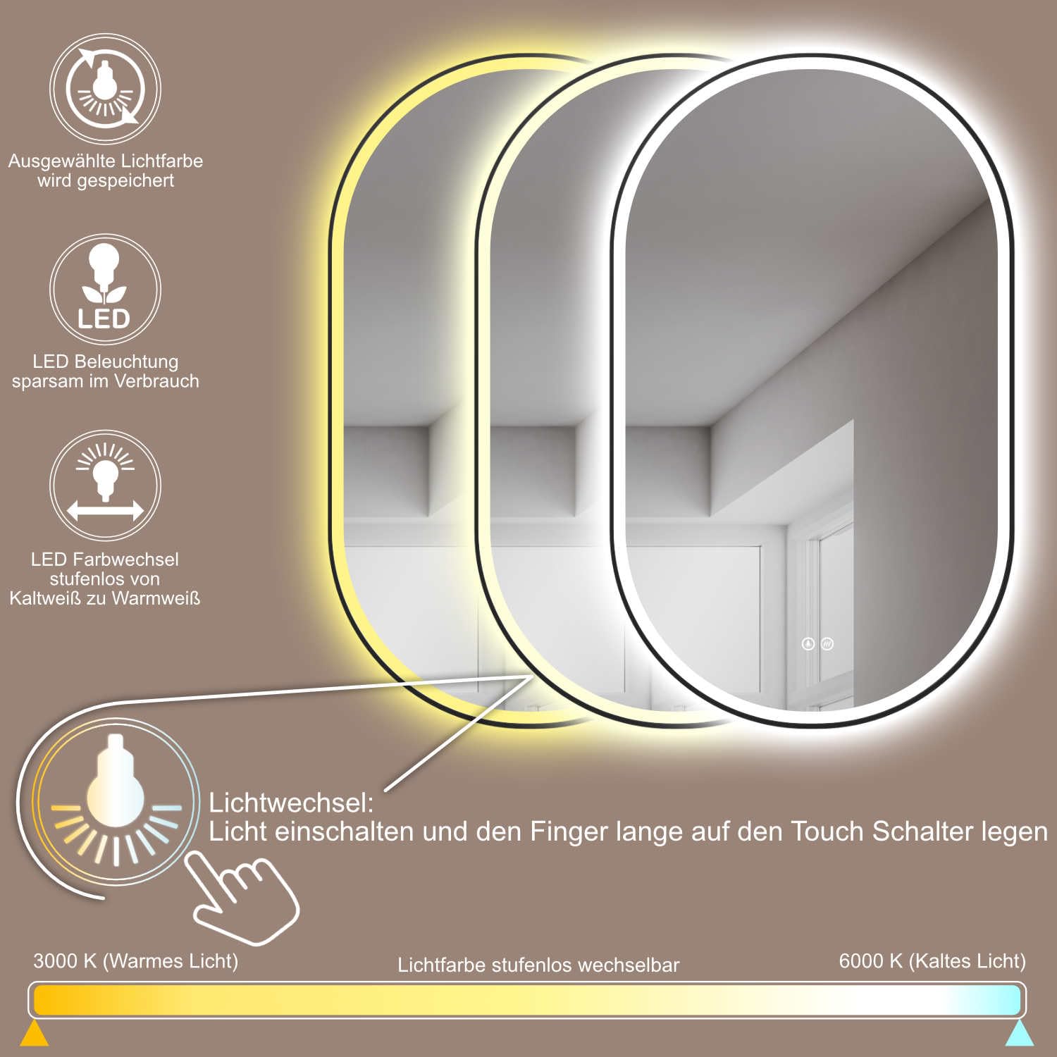 HOKO® Specchio-Bagno Ovale LED Antiappannamento 45x75/75x45cm Montaggio Verticale/Orizzontale. con Cornice Nera+Interruttore Tattile+Luce LED con Variazione di Colore Caldo/Freddo/Neutro 2700-6500K