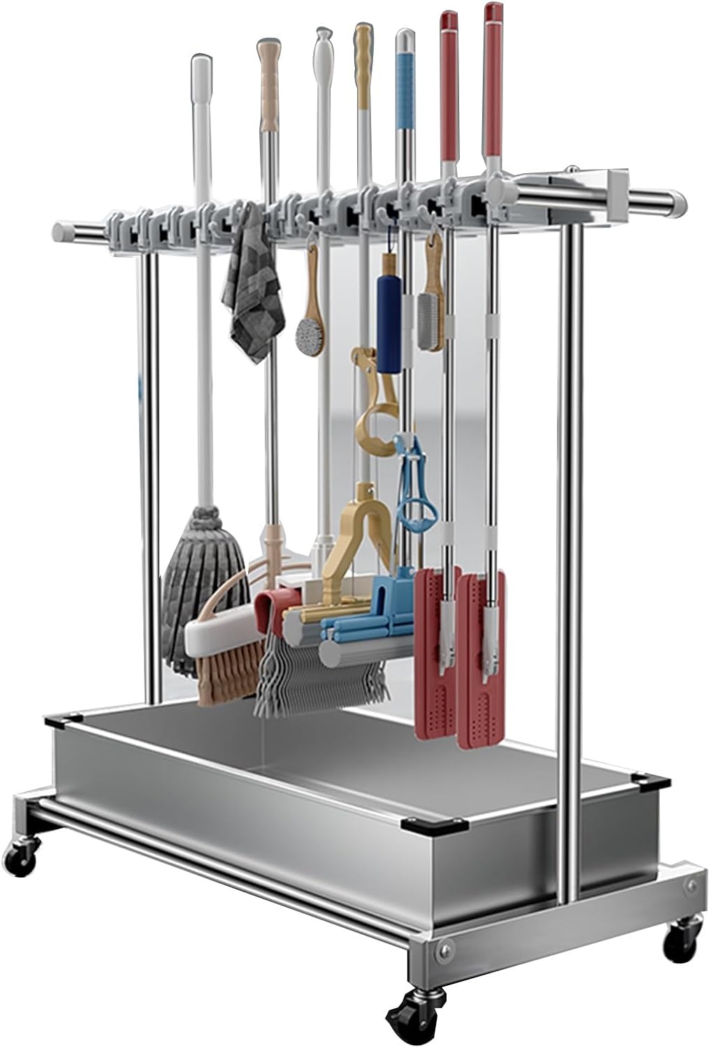 Floor Standing Cleaning Tool Cart,Broom Mop Rack - Stainless Steel 2-Row Storage Cart, Floor Standing, Wheeled Cleaning Tool for Ge and Garden,
