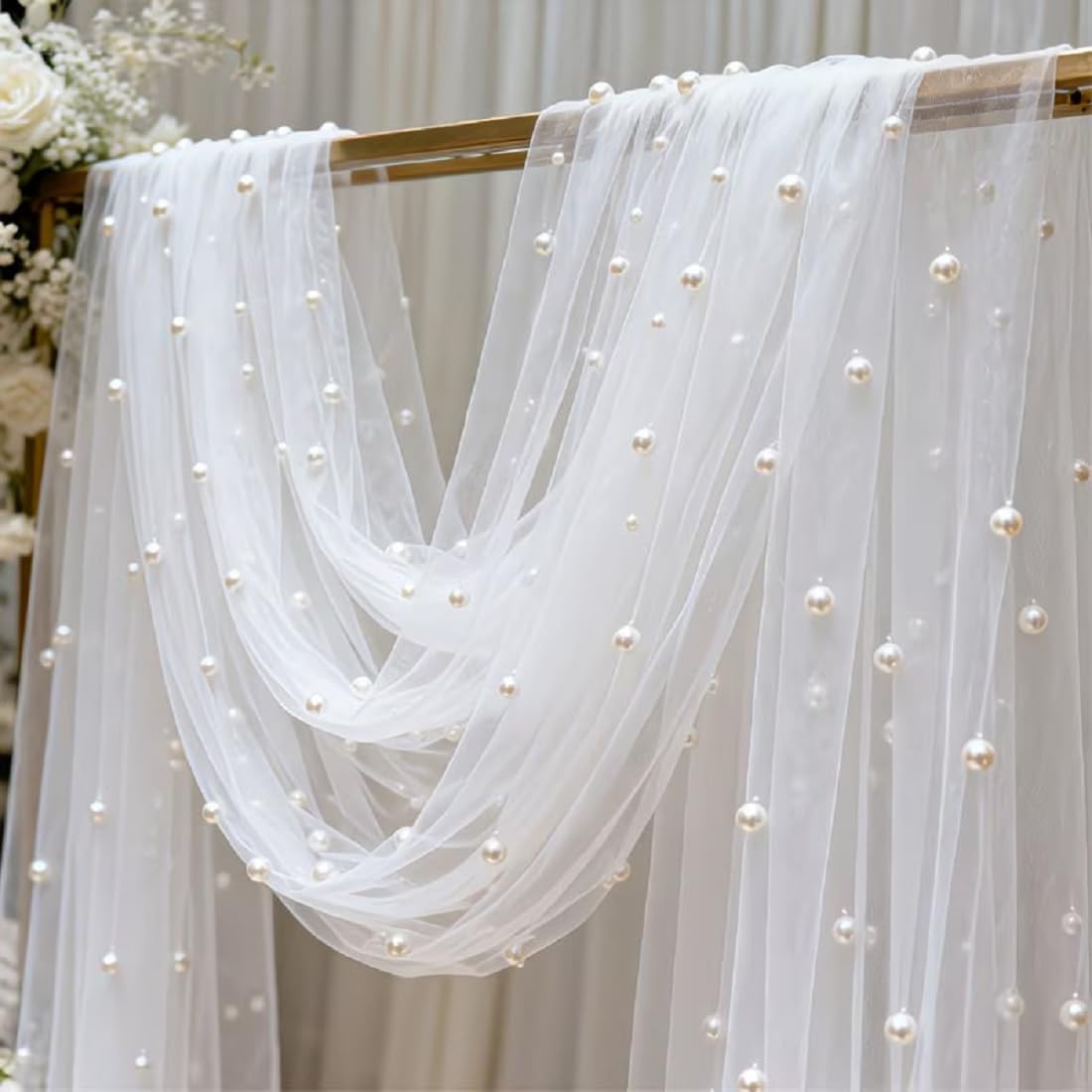 Its About Me White Pearl Beaded Soft Tulle Mesh Fabric Table Runner, 3 Metre, Backdrop Sheer Curtain Drapery, Polyester, for Weddings, Evening Decorations, DIY Bridal Gowns-image-8