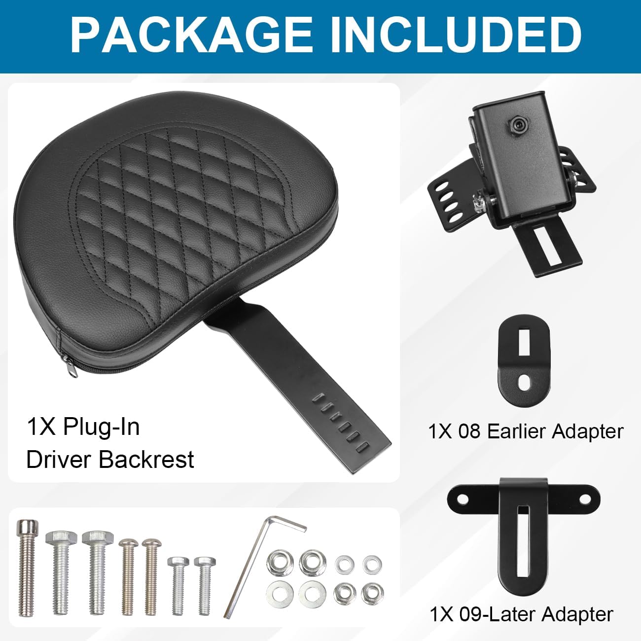 Motorcycle Adjustable Plug-in Driver Backrest Compatible with for Harley Touring Models Road King Street Glide Road Glide Electra Glide 1997-2024 Rider Backrest