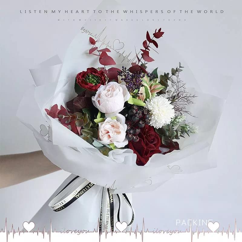 Image of Oasis - 20 Sheets Korean Style Waterproof Premium Bouquet Wrapping Sheet (58cm x 58cm, 60 Microns) | HeartBeat Border Design, Giftwrap for Flowers & DIY Gift Wrapping Paper For Valentines Day (Pink)