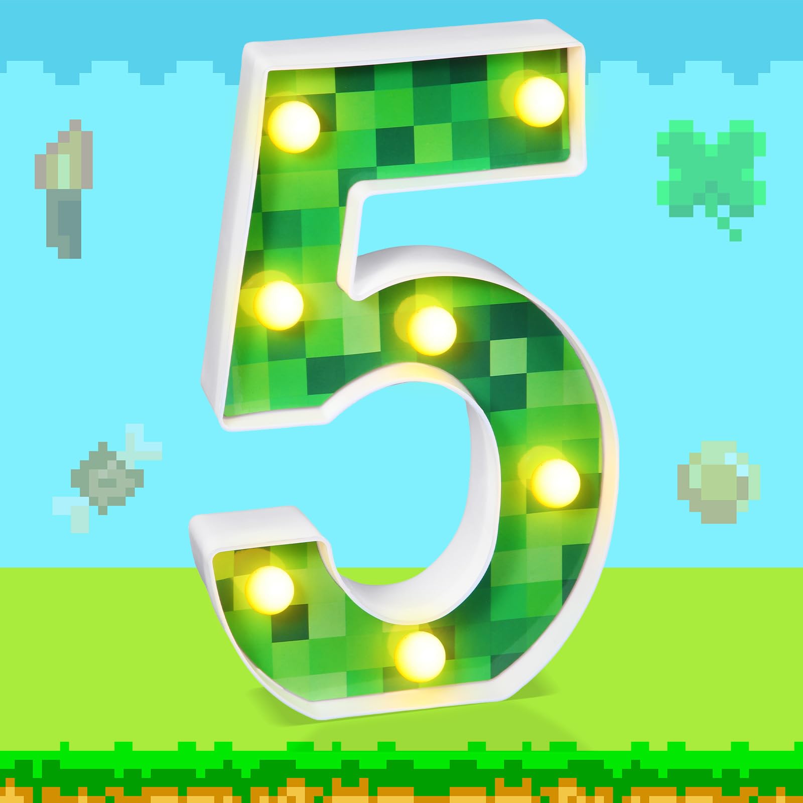Havawish Pixel Game Party Decorations Light up Numbers, LED Pixel Pattern Glowing Numbers, Birthday Table Centerpieces Pixel Miner Party Supplies, 8.58 x 5.2 Inches(5)