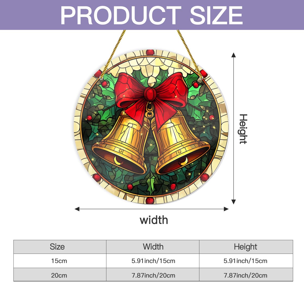 Vextrovia Stained Glass Effect Holiday Decor, Antique Bell Acrylic Art, 6x6 Inch Circular Christmas Wall Hanging, Easy Install Hook for Fireplace Mantel & Porch, Make The Home Lively