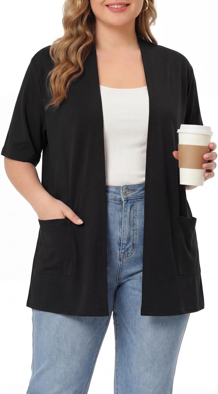 Plus Size Cardigan for Women Short Sleeve Cardigan with Pockets Summer Tops Lightweight Cover Up Layer