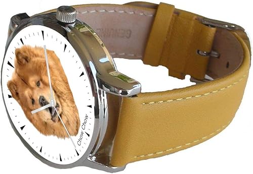 Miniatura 2 de Chow Dog Breed es la imagen de la cabeza en el reloj cromado pulido con correa de cuero y donación a ASPCA