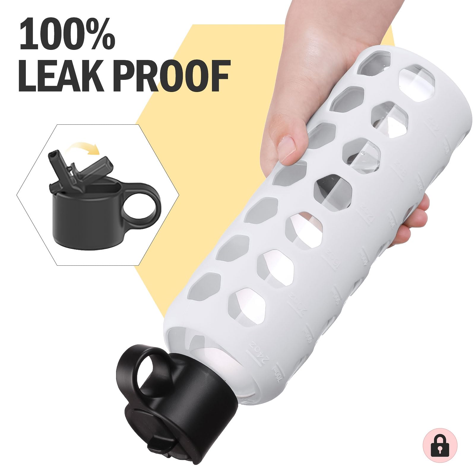 BLUEGO Borracce in vetro, 700ml Bicchiere in vetro, Bottiglie per bere con 2 coperchi, Bottiglia per l'acqua sportiva con custodia in silicone, A prova di perdite, Bianco