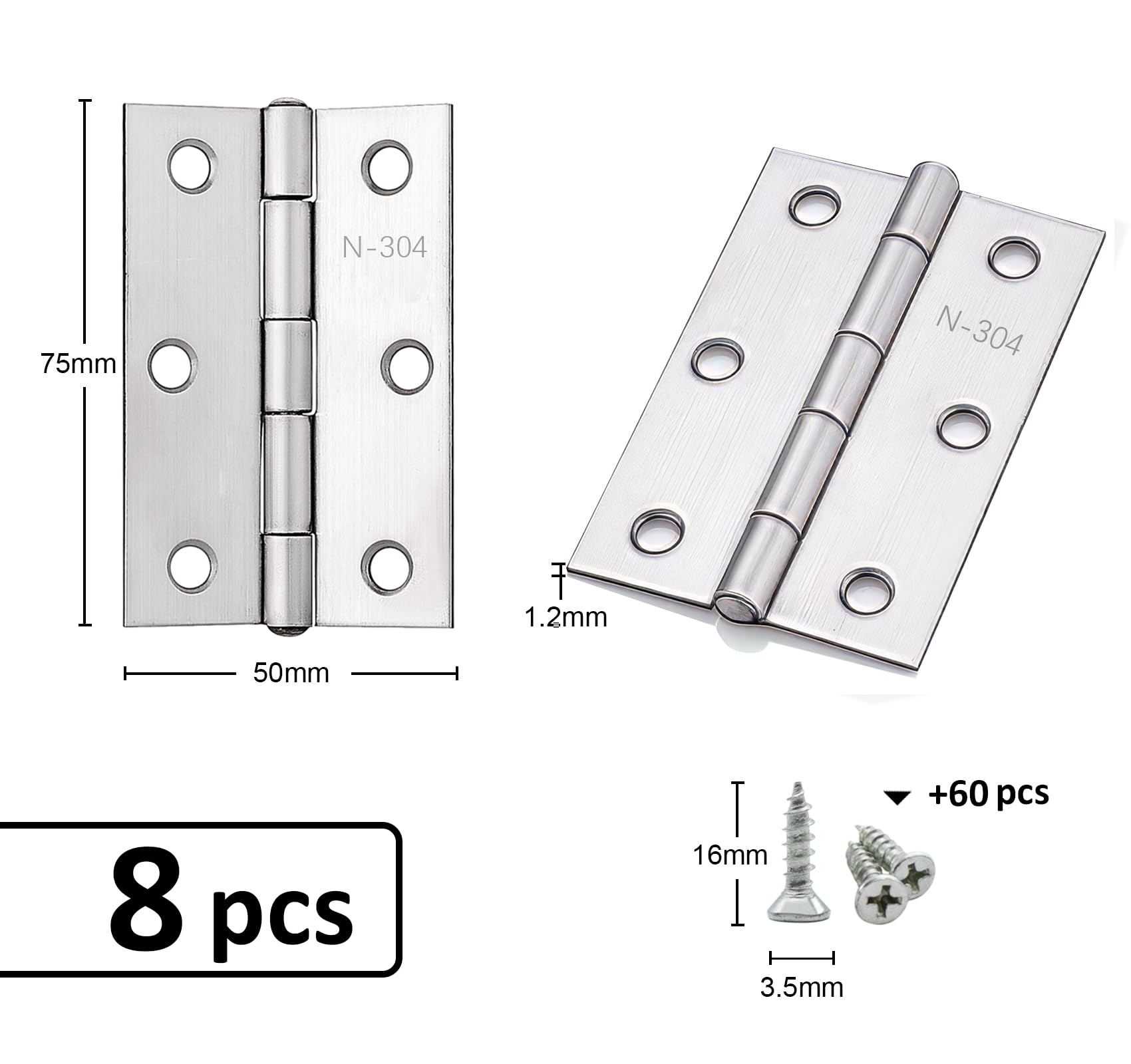 Anstore Cerniere pieghevoli, 75 x 50 x 1,2 mm, 8 pezzi, in acciaio inox, per porte, finestre, armadi, 270°, piccole cerniere per porte con 60 viti, 16 x 3,5 mm