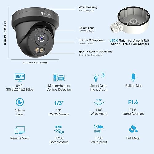 Miniatura 9 de Anpviz Cámara IP PoE de 6 MP negra, cámara IP de seguridad de torreta de metal completo para exteriores e interiores, visión nocturna inteligente de