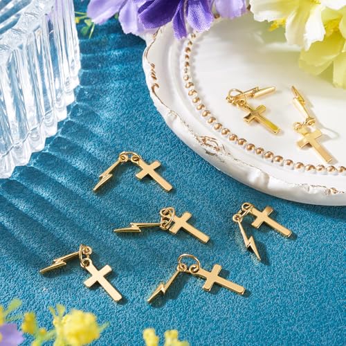 Image of 10Pcs 18K Gold Plated Cross Charms Brass Golden Crucifix with Lightning Bolt Pendants Permant Metal Jewelry Charms with Jump Ring for DIY Bracelet Necklace Earring Jewelry Making