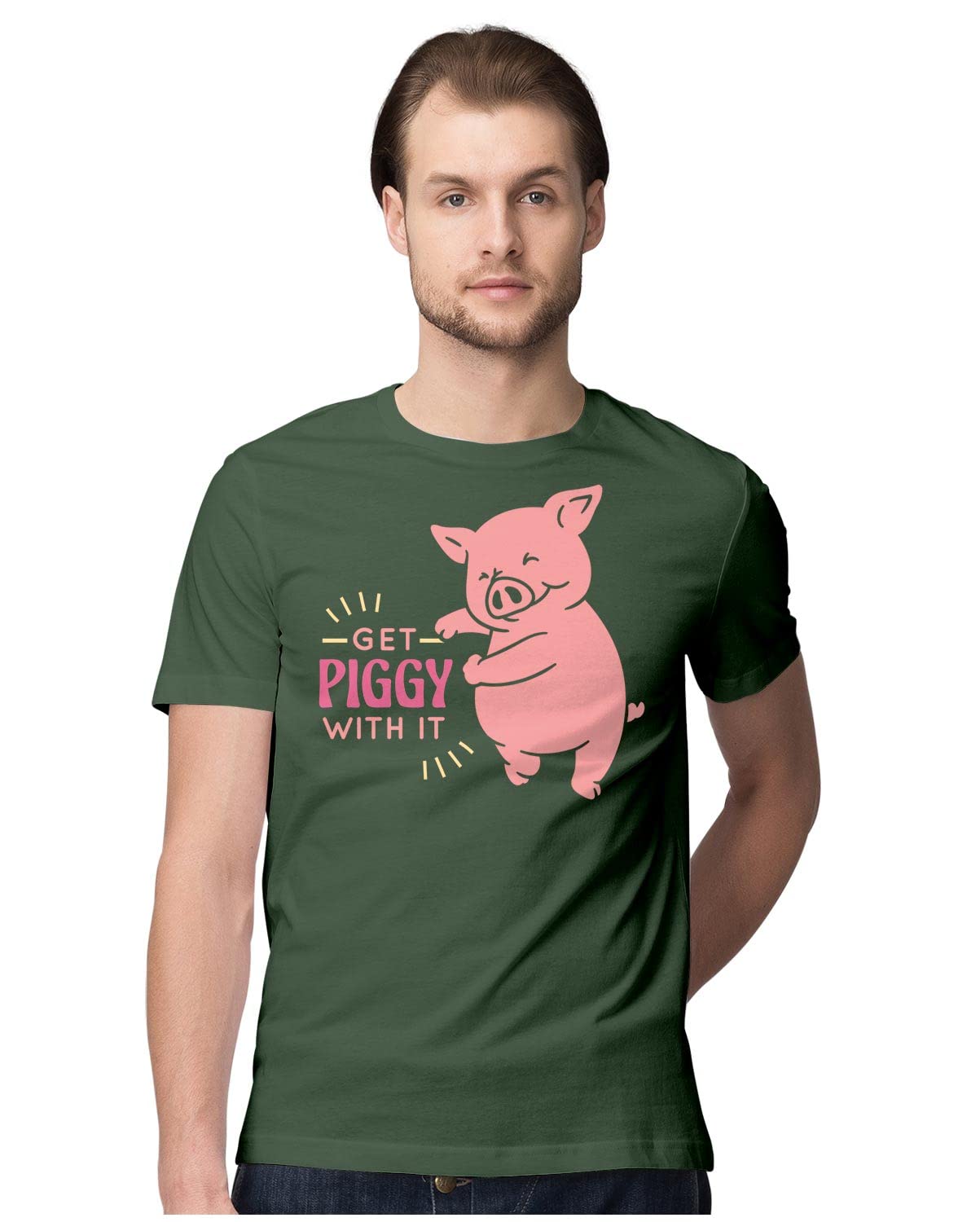 Men's Regular Fit T-Shirt Get 'Piggy' with It - Funny Jiggy Pig 100% Cotton T-Shirt (Olive Green; XX-Large)