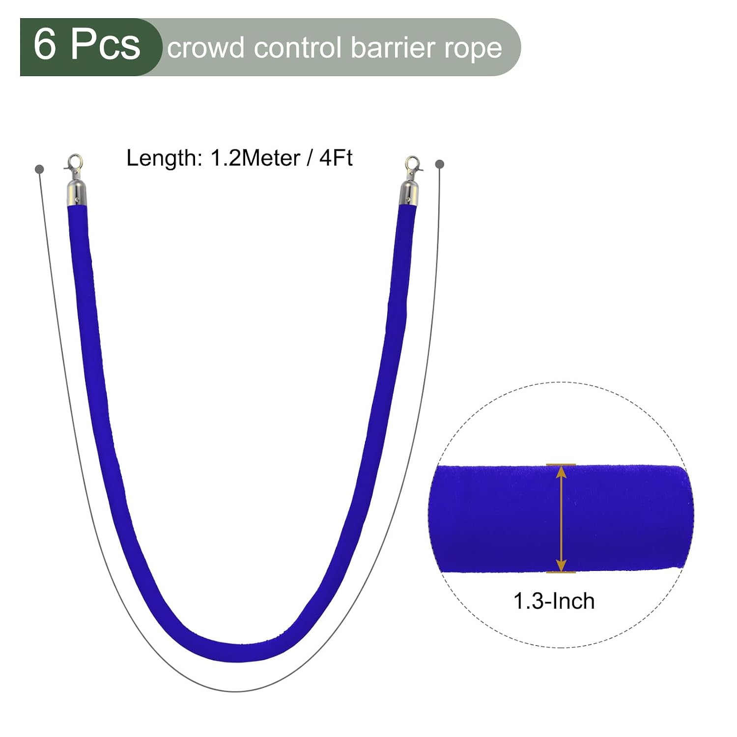YOKIVE 6 Pcs Blue Velvet Stanchion Rope Crowd Control Barrier Rope, Manage The Crowd, Great for Hotels, Theaters, Ticket Offices (Golden, 4 Feet)