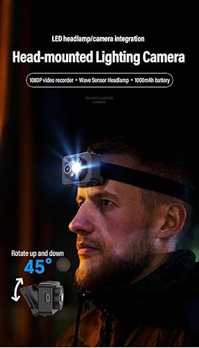 Miniatura 8 de Cámara montada en la cabeza, faro LED, cámara de acción HD 1080P, grabación de video portátil, almacenamiento interno de 64 GB, adecuada para