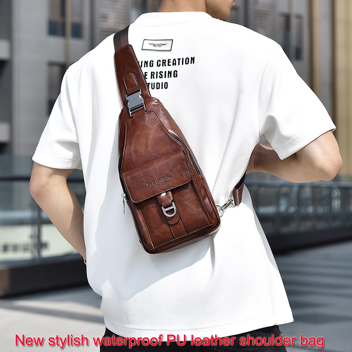 A-QMZL Sacoche Homme Bandouliere Sac de Poitrine Business Sac de Loisir PU Cuir Pochette Epaule da Voyage pour Homme Femme (Brun foncé)