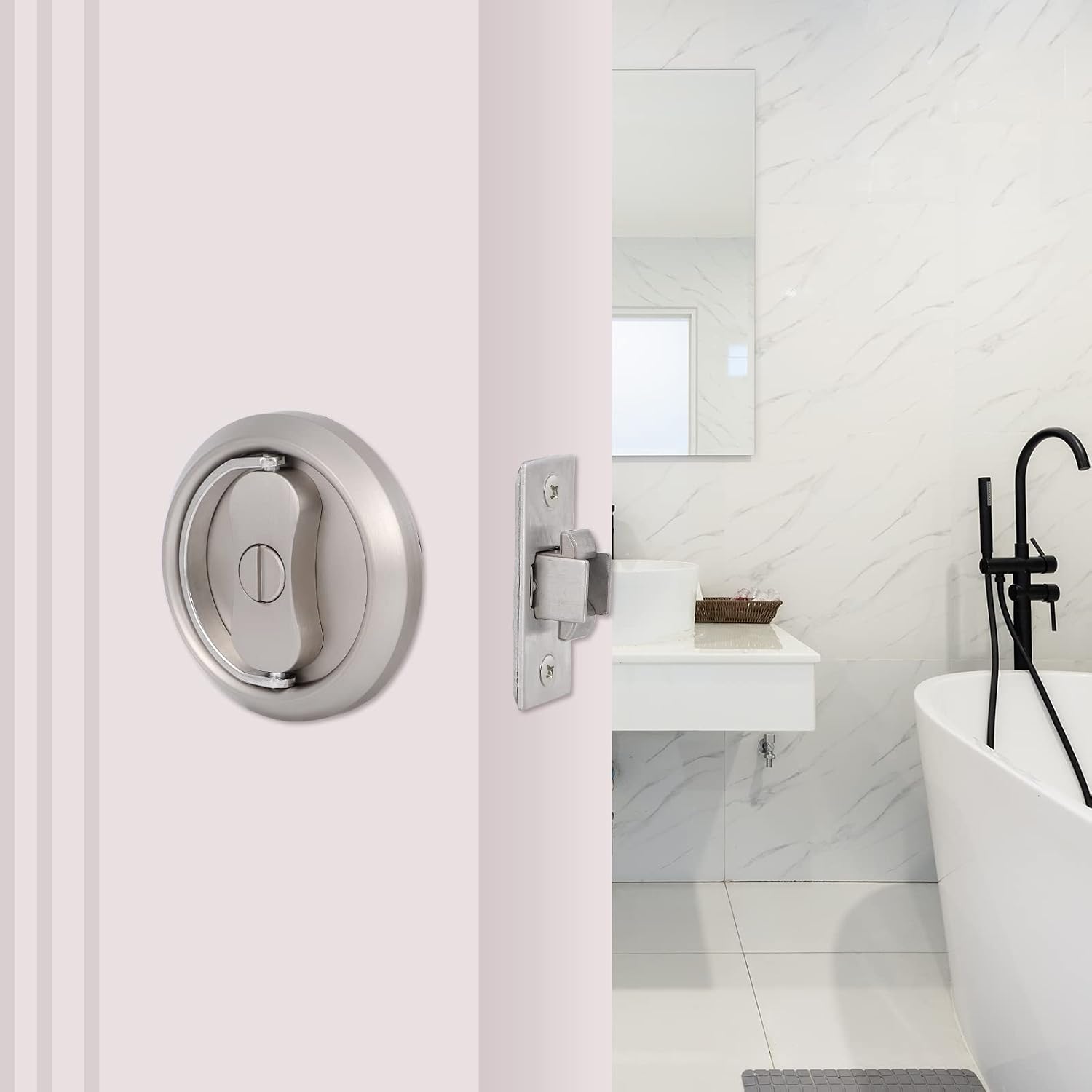 Pocket Door Hardware, Silver Privacy Pocket Door Lock with Ring Pull, 2 3/8" Backset, Round Sliding Pocket Door Lock for Bed/Bath, Brushed Satin Nickel