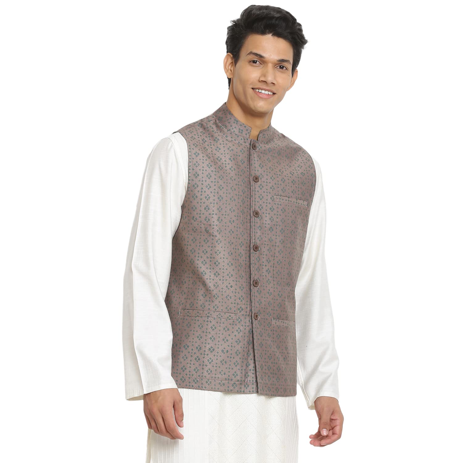 Fabindia Men Collar Viscose Silk Printed Nehru Jacket Chinese_S